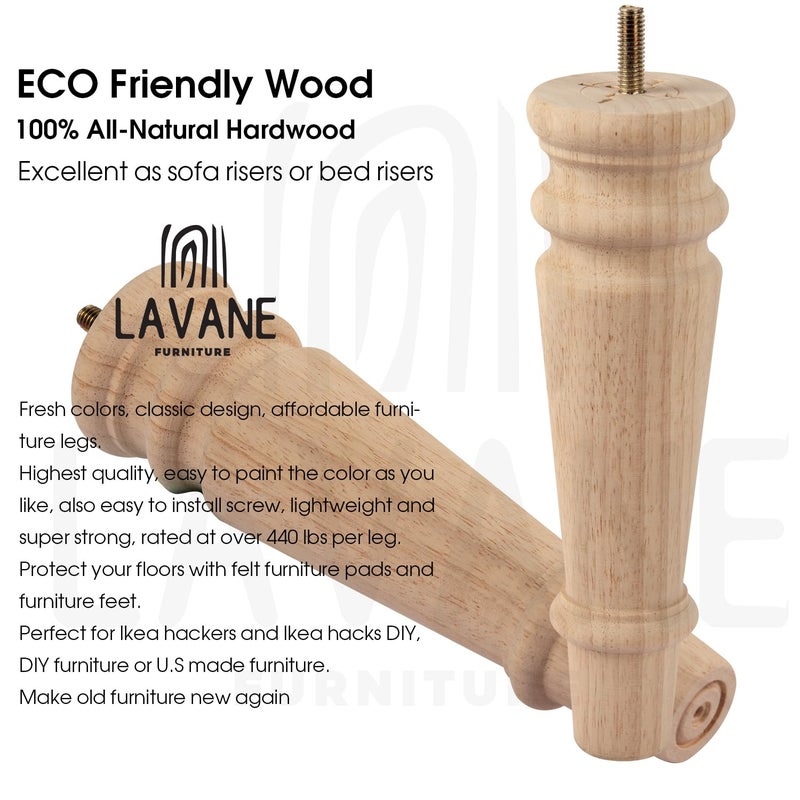 La Vane 8 inch / 20cm Unfinished Wooden Furniture Legs, 4PCS Soild Wood Turned Spindle Replacement Bun Feet with Pre-Drilled M8 Inch Bolt & Mounting Plate for Sofa Couch Chair Ottoman - Image 3